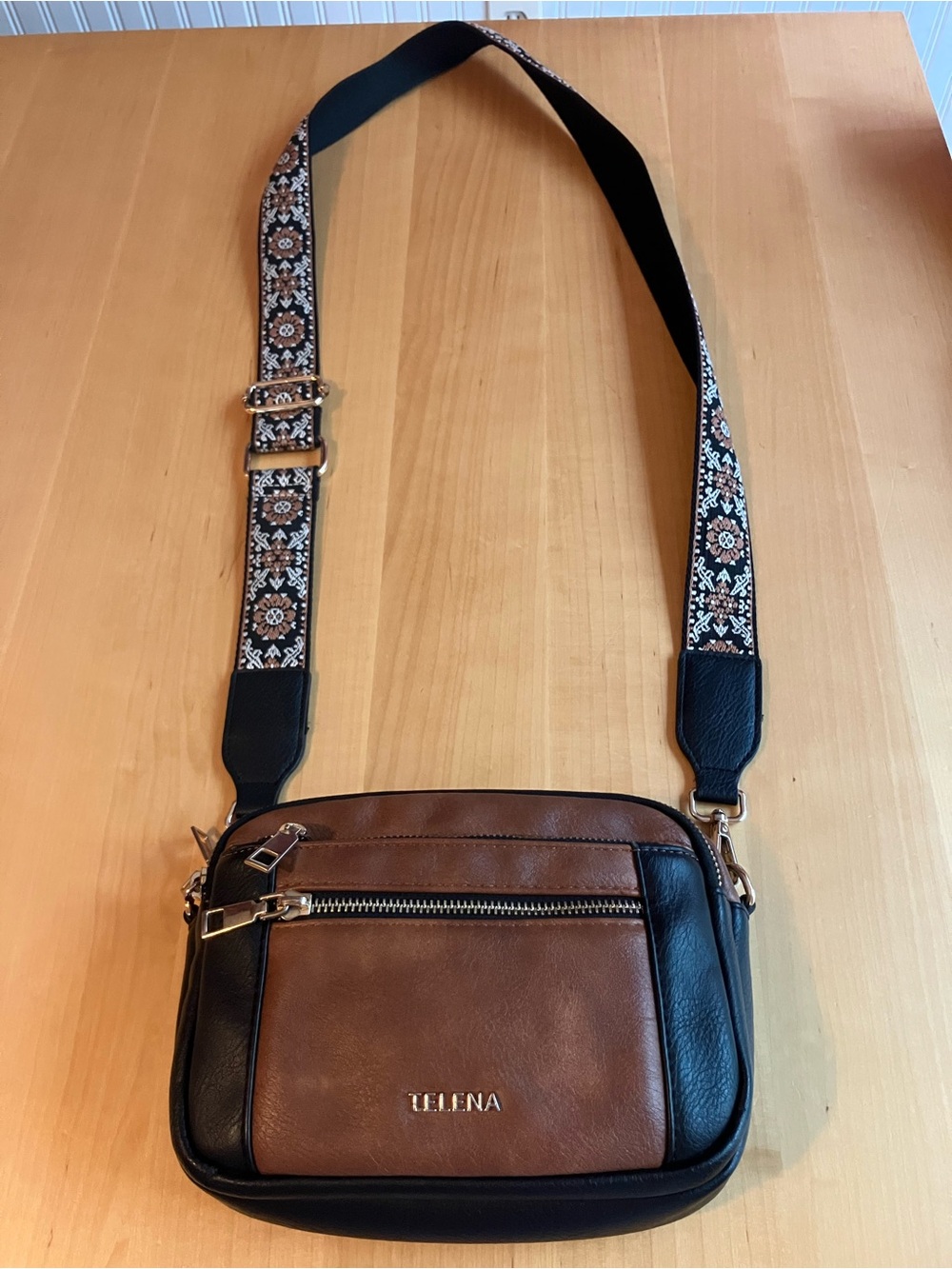 TELENA Two-Tone Brown & Black Crossbody Bag with Patterned Strap